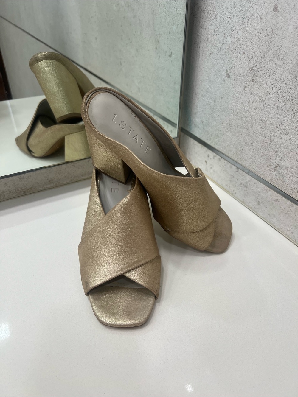 1. State Metallic Gold Crisscross Mule Heels